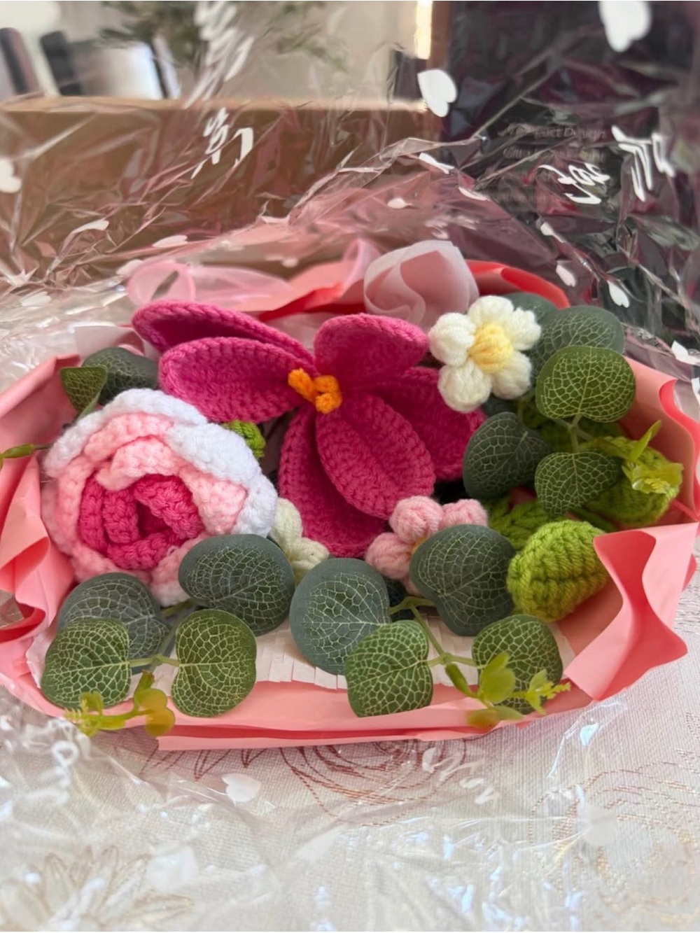 Crochet Flower Bouquet, 8.6 in Pink Handmade Crochet